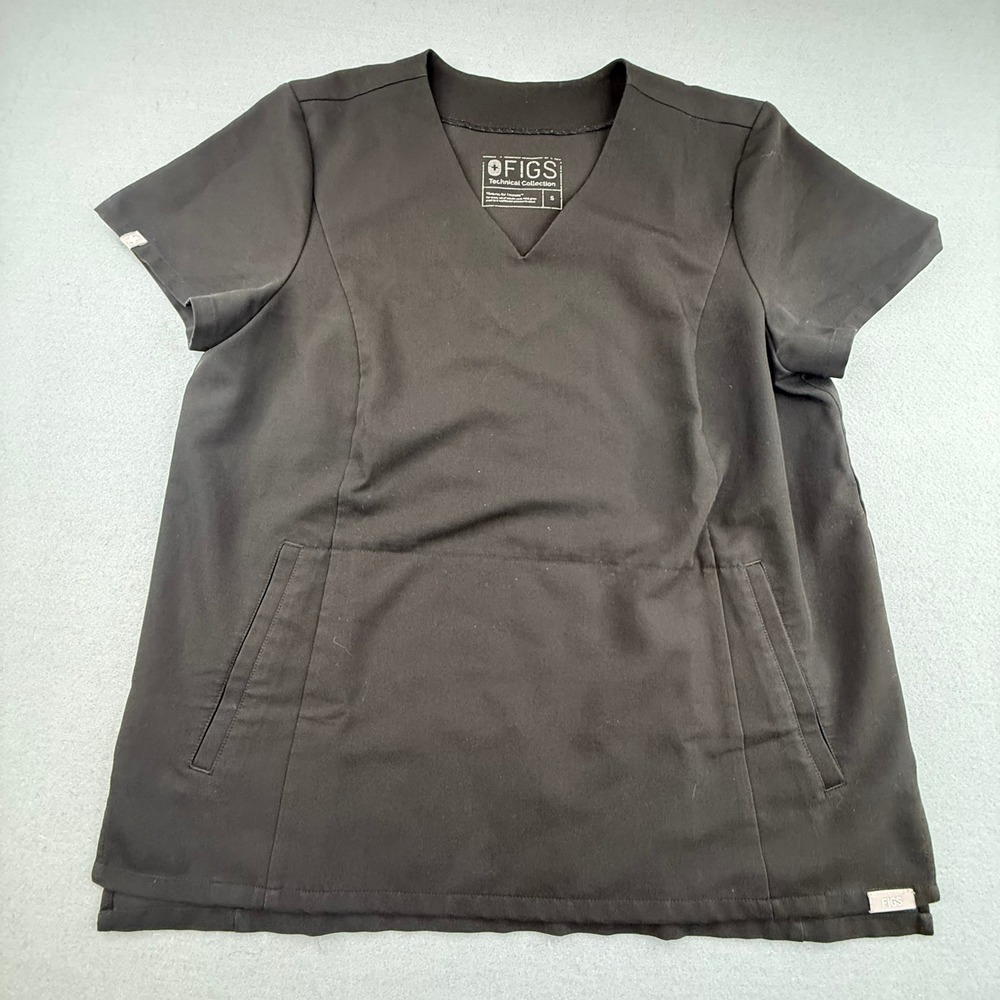 FIGS Scrub Top Women Small Black Technical Collection V-Neck Short Sleeve Pocket